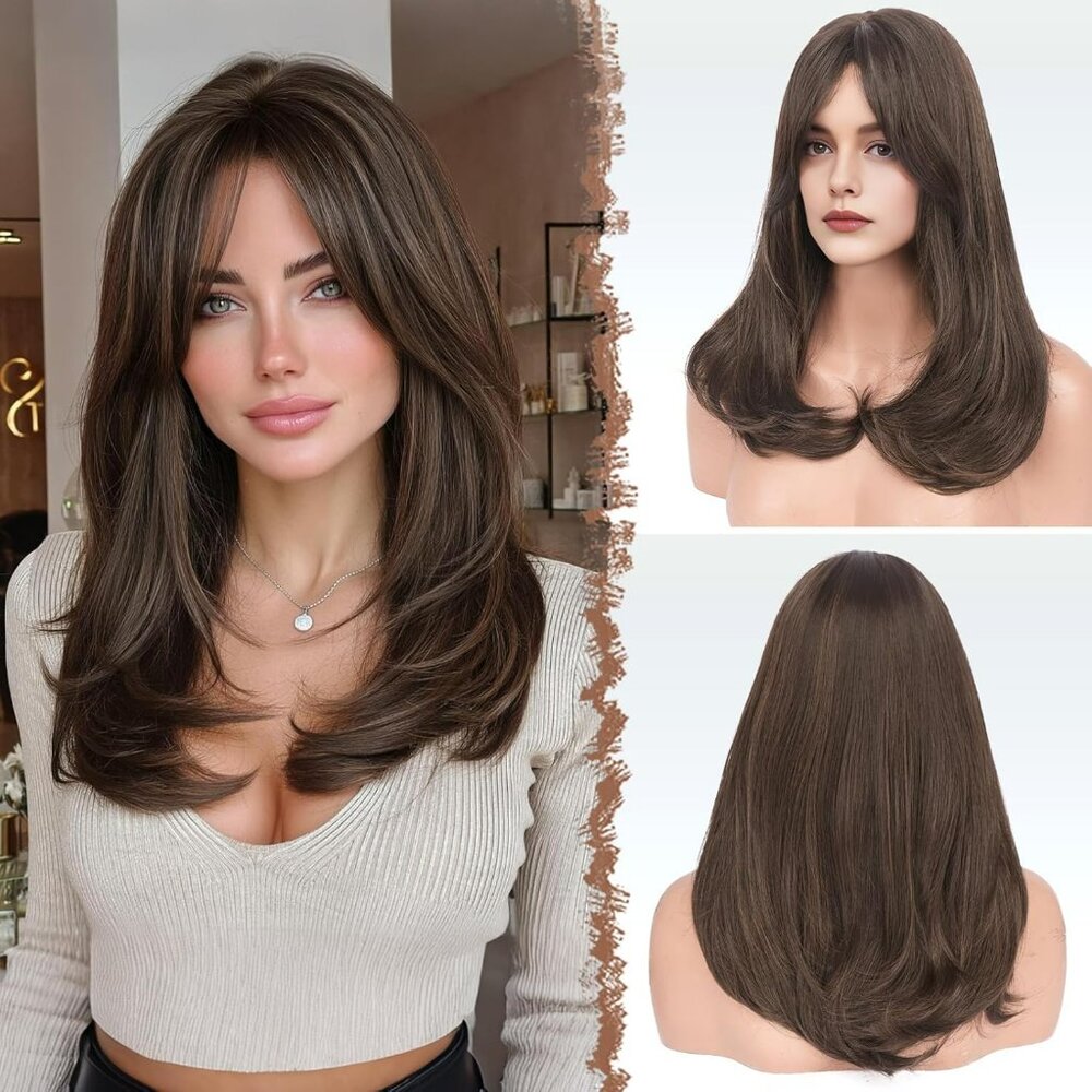 Wig‎ w Bangs Women Synthetic Natural Looking Long Layered Straight Hair Brown